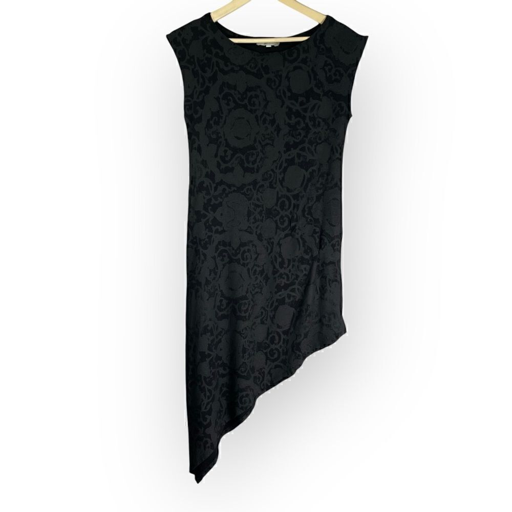 Bryn Walker Black Gray Asymmetrical Dress Tunic Top Sleeveless Jacquard